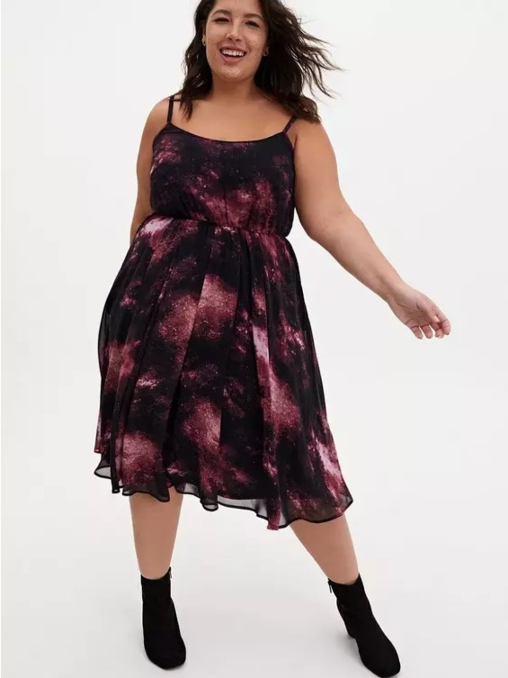 Torrid Plus-Size 4X Black & Burgundy Galaxy Print Midi Chiffon Pleated Dress
